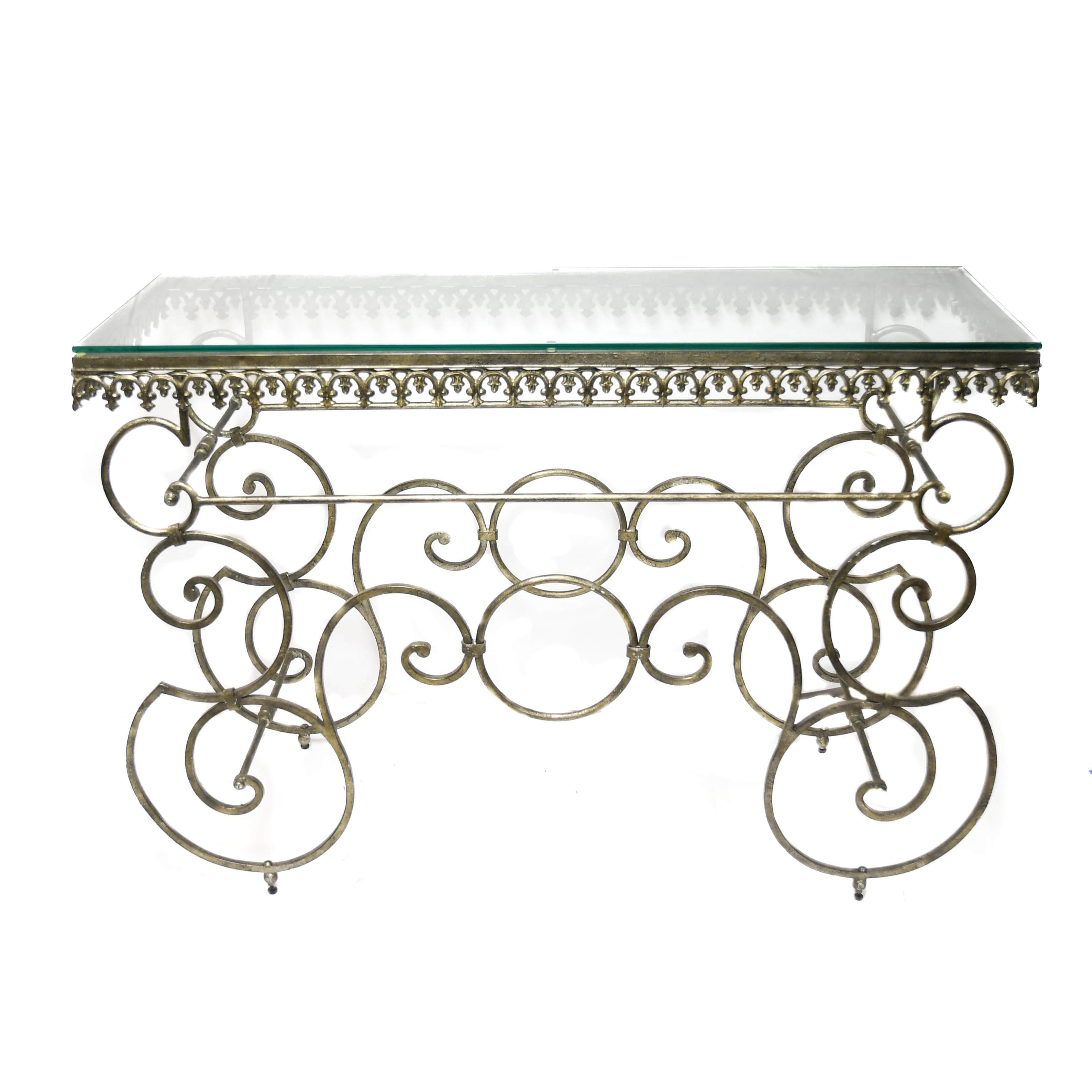 Wrought Iron Look Scroll Console Table with Glass Top-2