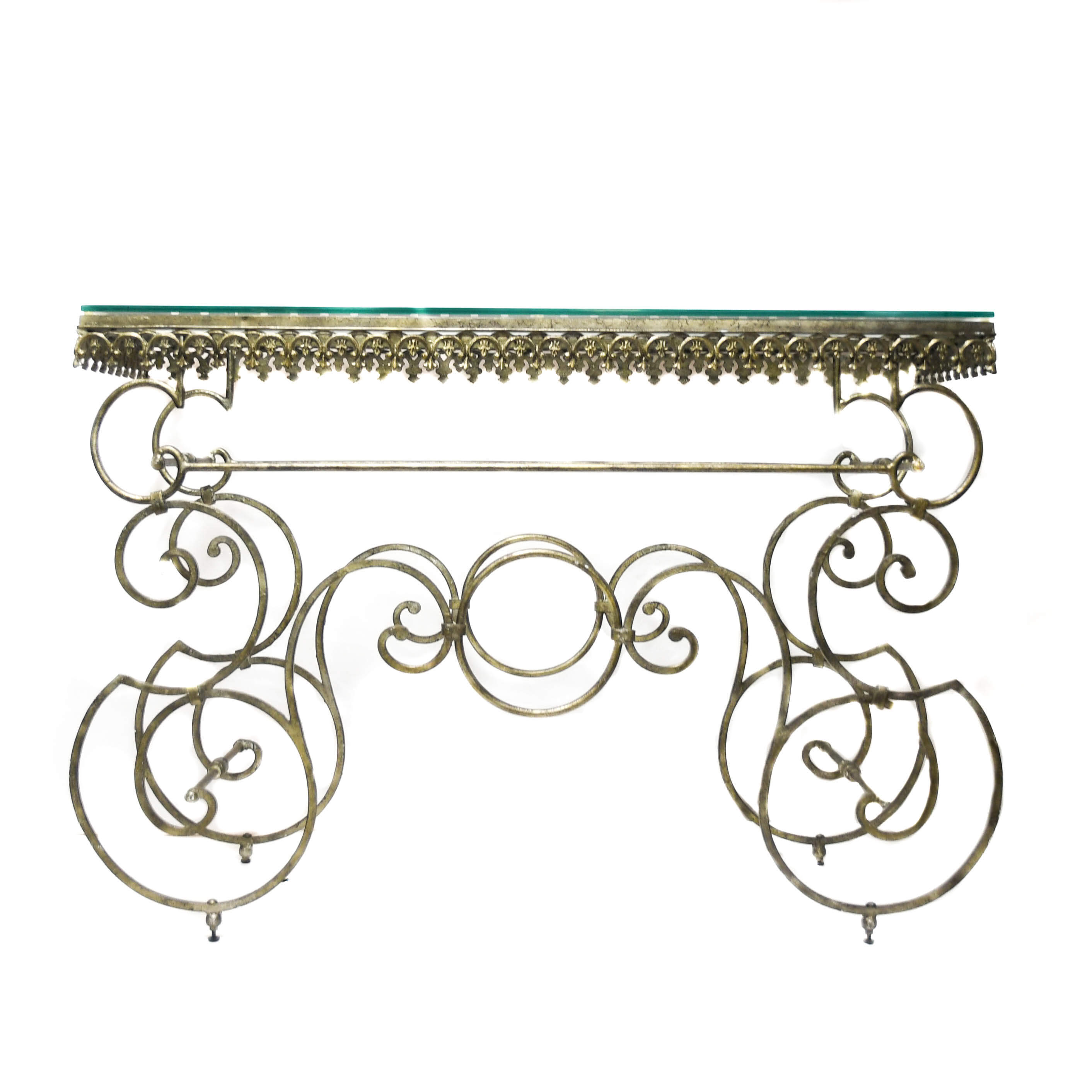 Wrought Iron Look Scroll Console Table with Glass Top-1