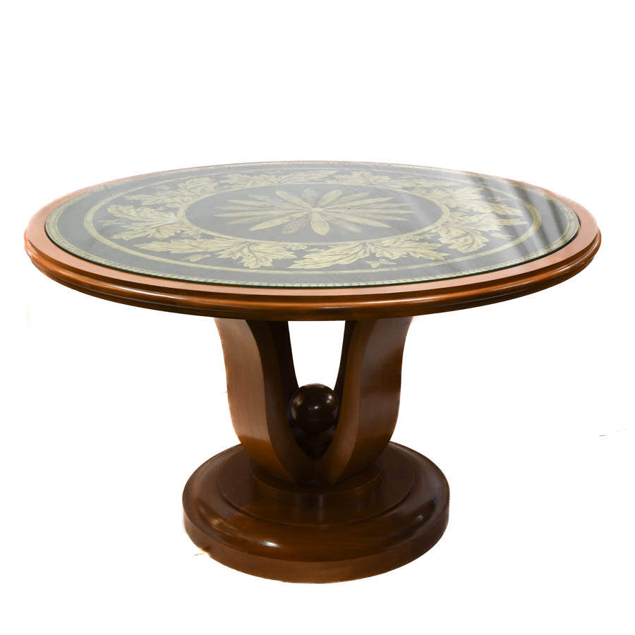 Green Glass and Gold Round Pedestal Botanical Dining Table-2