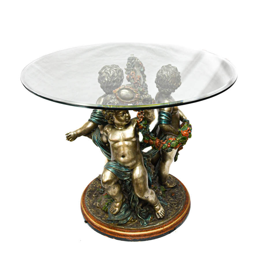 Signed S. Keliam Silver Gilt and Bronze Putti Table with Glass Top-2