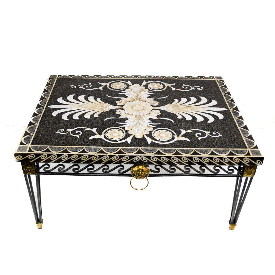 Marble-Look Coffee Table with Geometric Mosaic Inlays-5