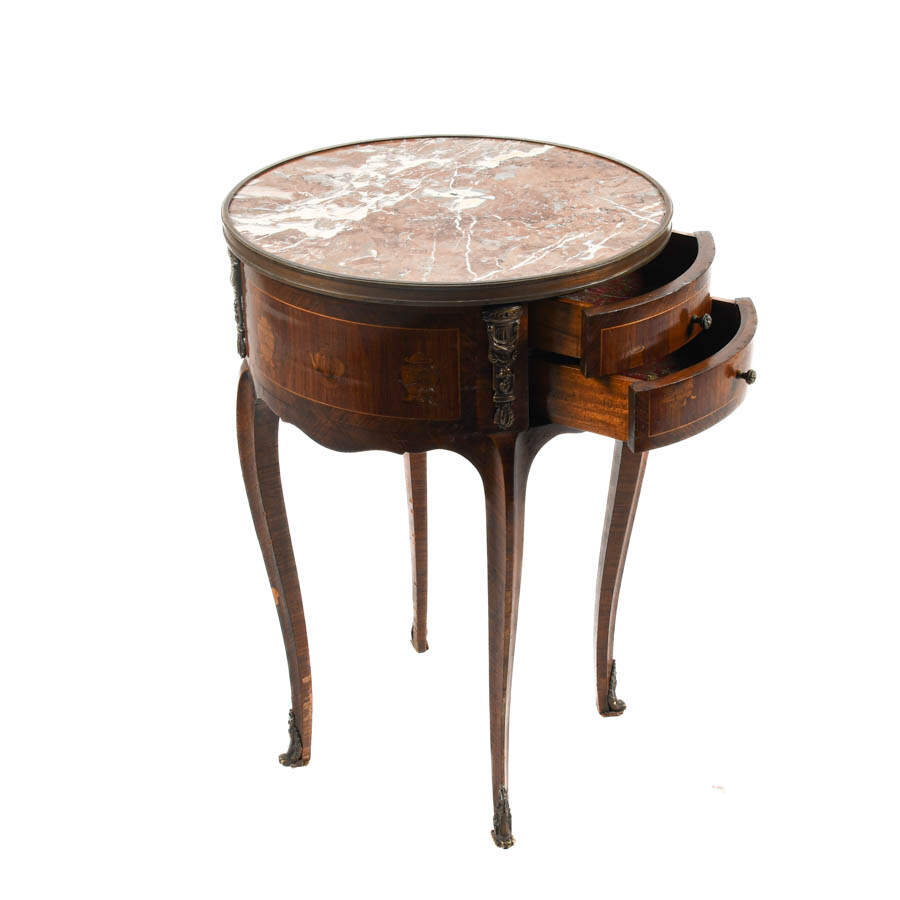 French Louis XIV-Style Two Drawer Bronze Accents and Marble Top Table-4