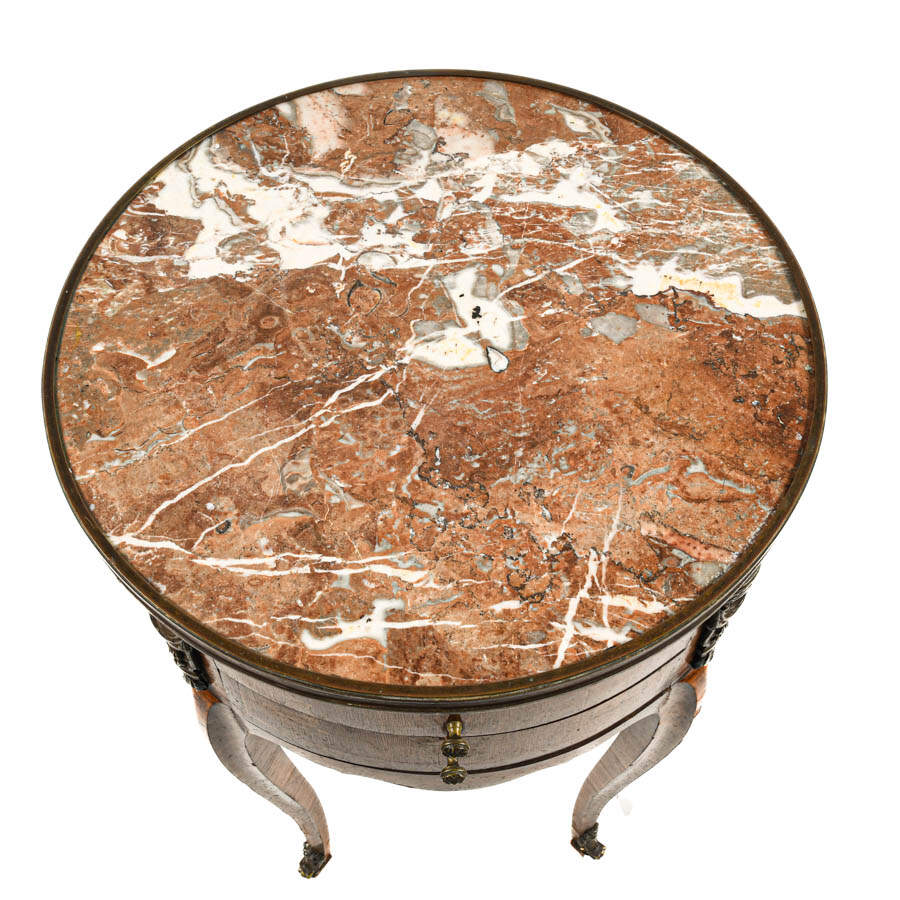 French Louis XIV-Style Two Drawer Bronze Accents and Marble Top Table-3