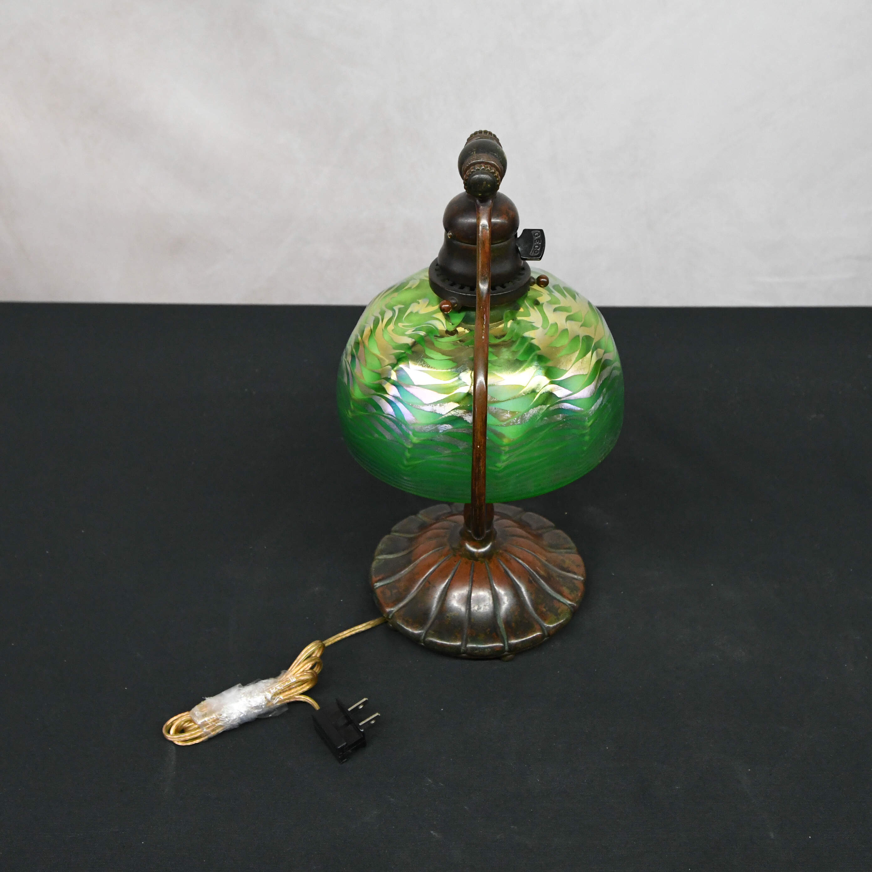 Tiffany Harp Lamp with Green Iridescent Damascene Glass Shade-5