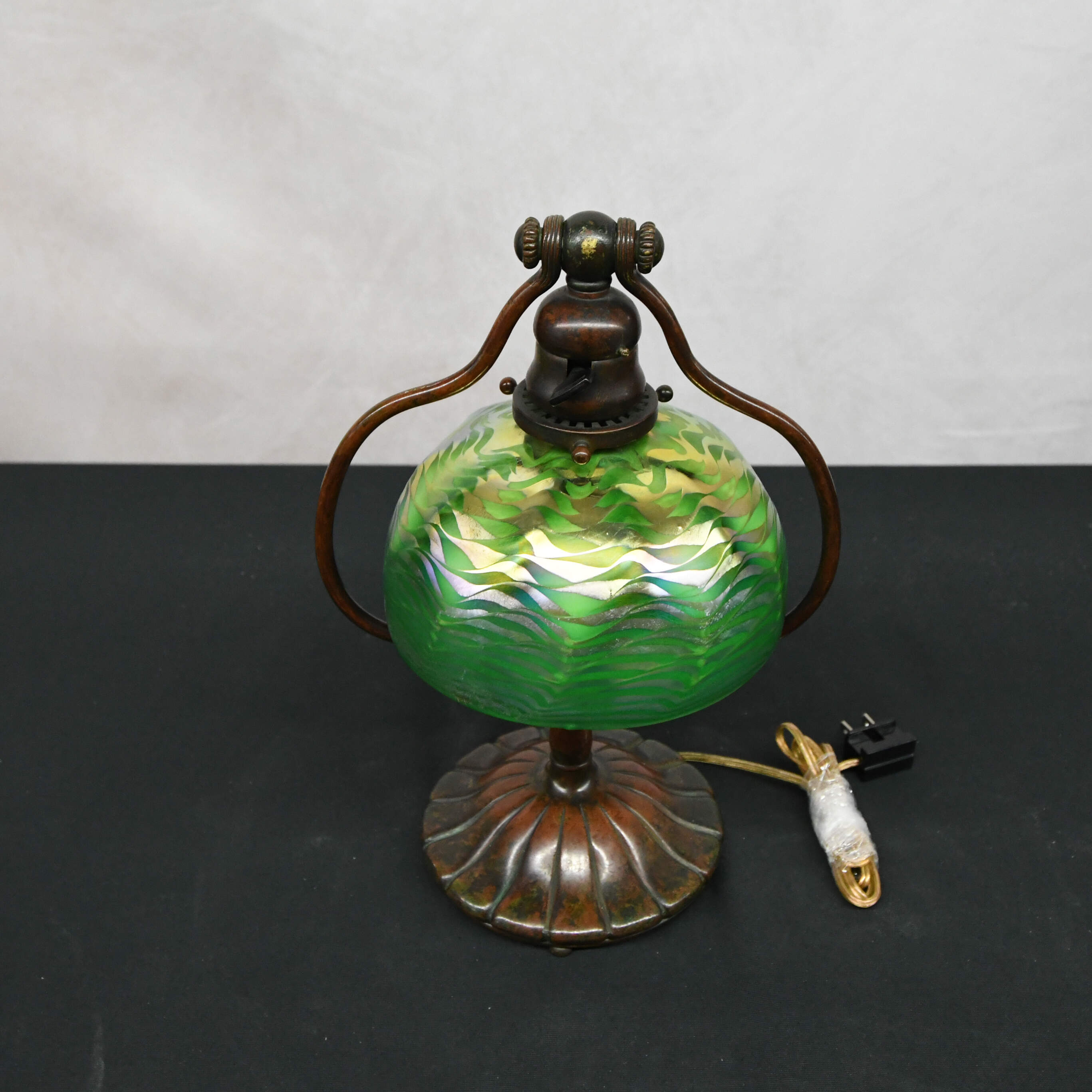 Tiffany Harp Lamp with Green Iridescent Damascene Glass Shade-2