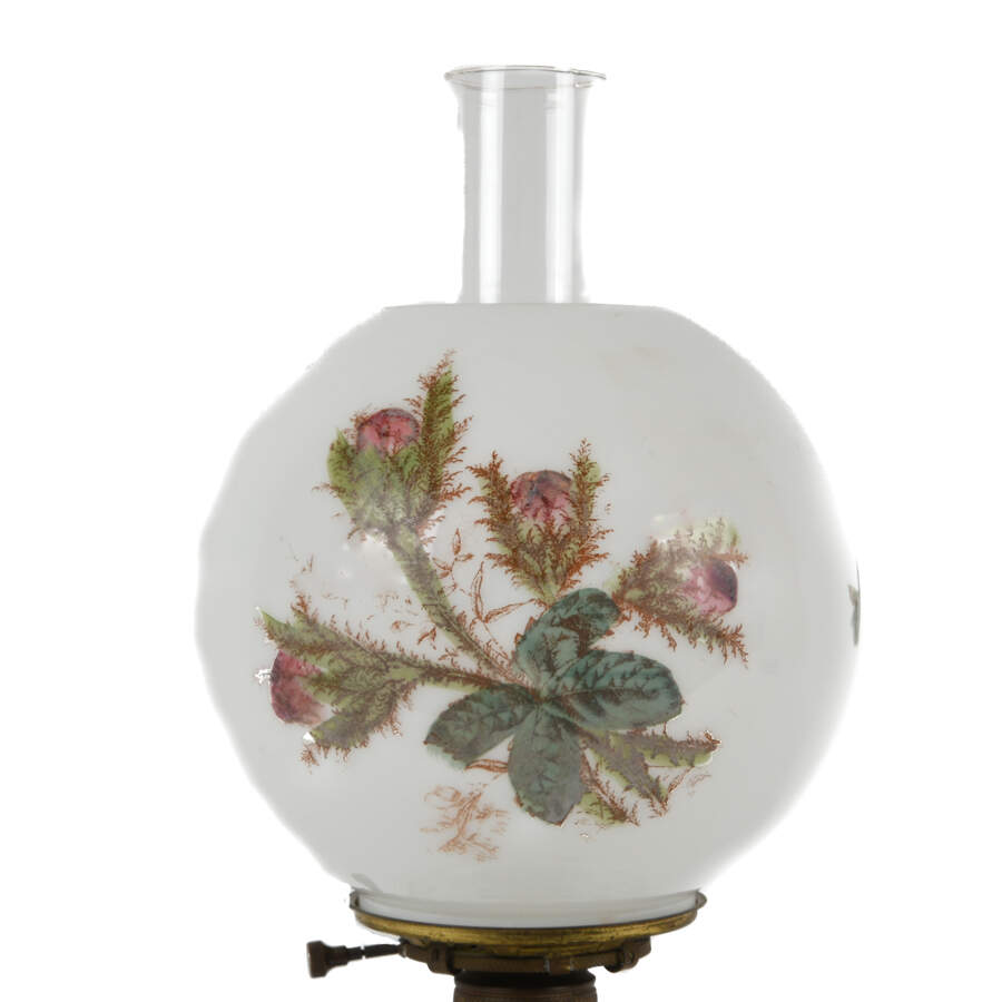 Antique Electrified Rose Globe Oil Lamp on Wooden Base-4