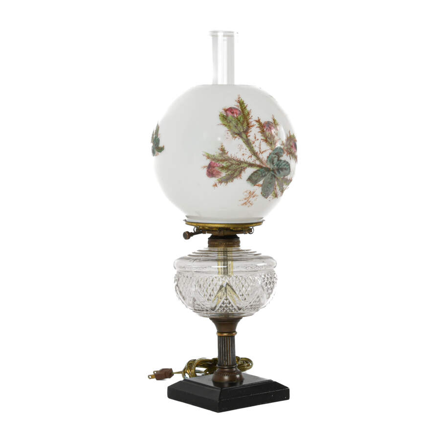 Antique Electrified Rose Globe Oil Lamp on Wooden Base-3