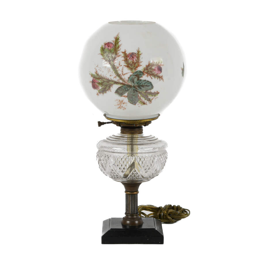 Antique Electrified Rose Globe Oil Lamp on Wooden Base-1