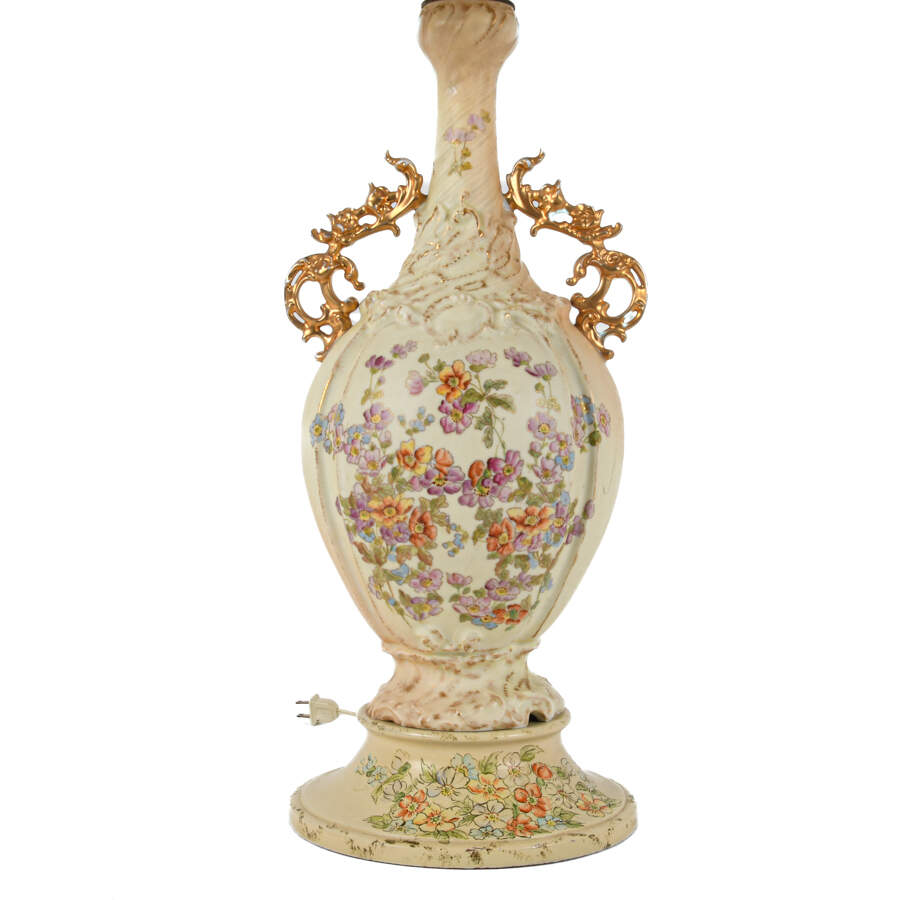 Royal Rodolstradt Gilt Scrolled Handled Floral Lamp with Shade-6