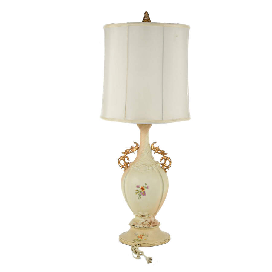Royal Rodolstradt Gilt Scrolled Handled Floral Lamp with Shade-3