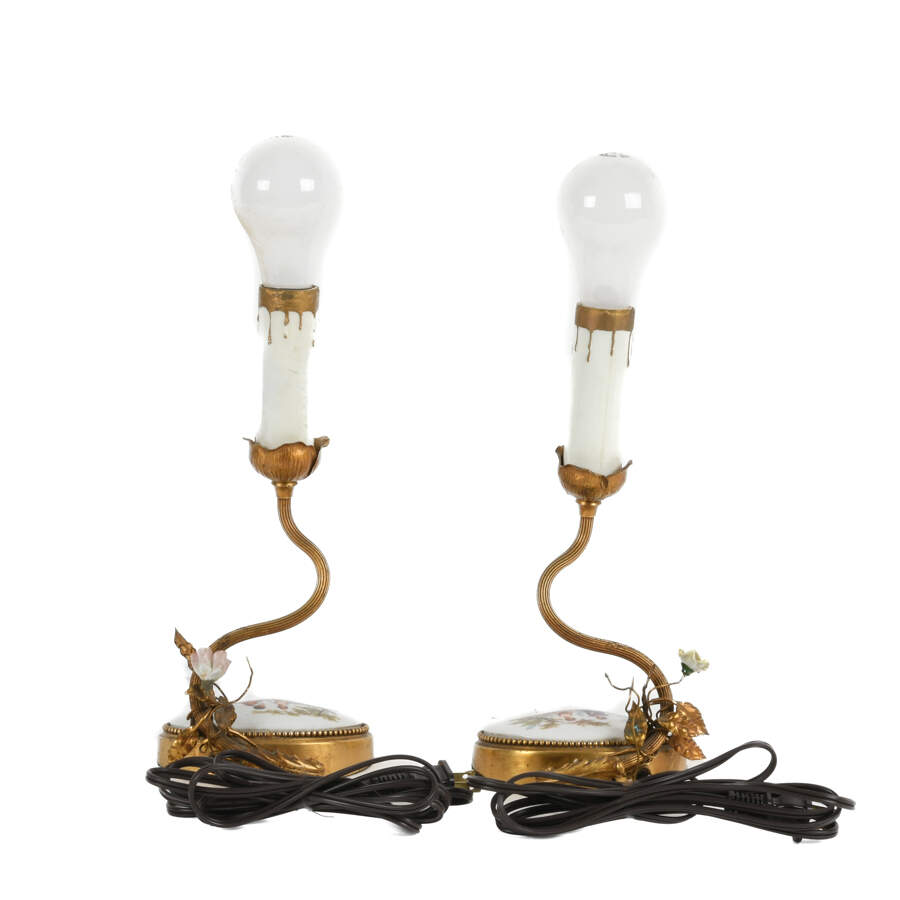 Pair of French Gilt Brass and Porcelain Medallion Table Lamps-3