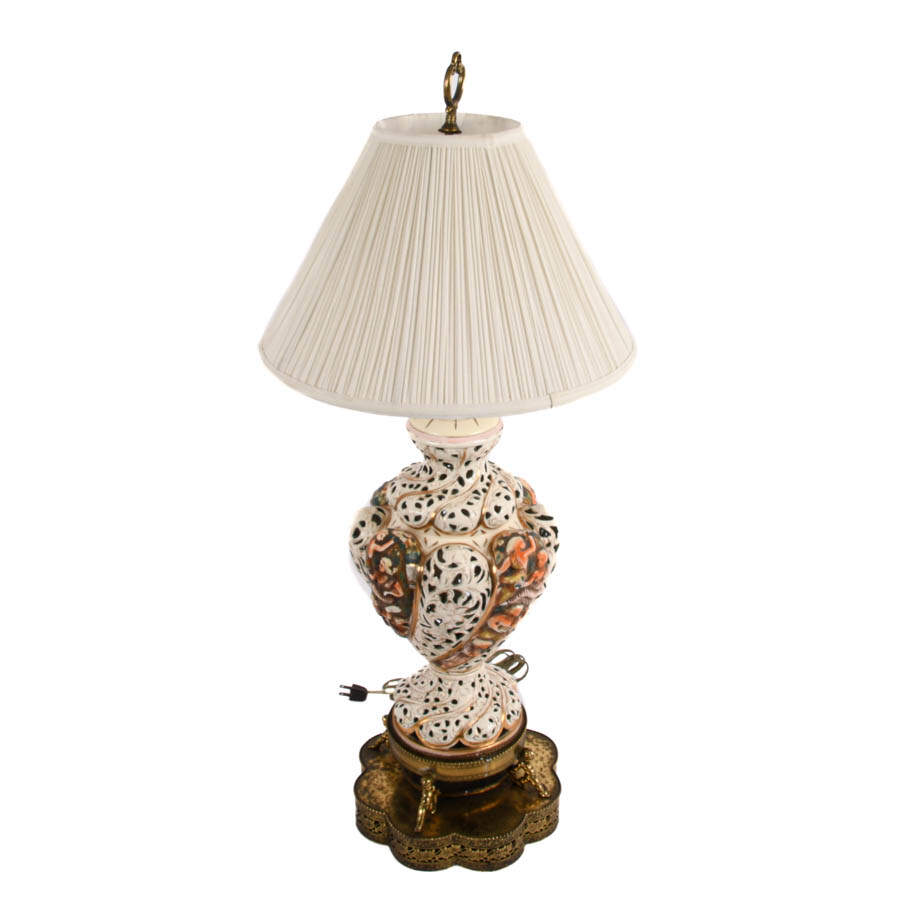 Capodimonte Table Lamp on Brass Pedestal-3