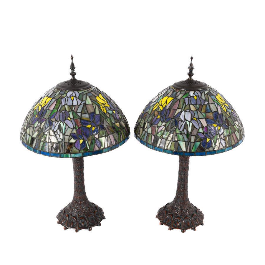Pair Stained-Glass Symphony Lamps Painted Bronze-1