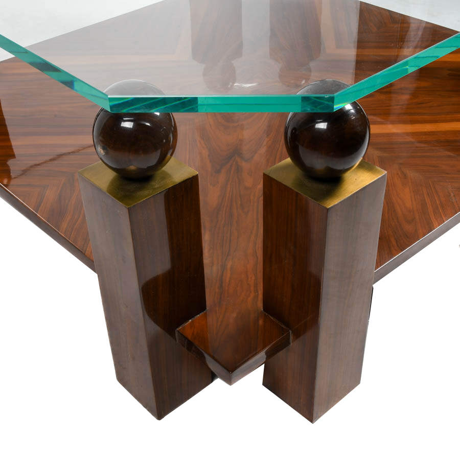 Mid-Century Modern-Style Glass, Walnut and Burl Wood Coffee Table-5