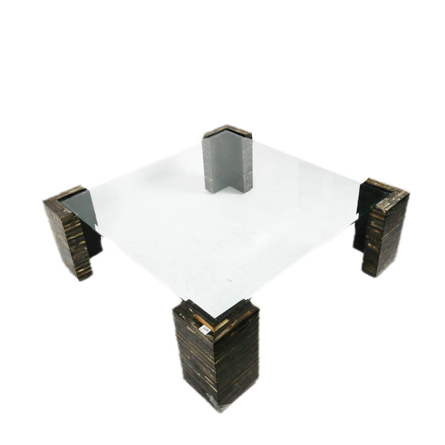Mid-Century Modern Carved Horn Tile and Glass Top Coffee Table-3