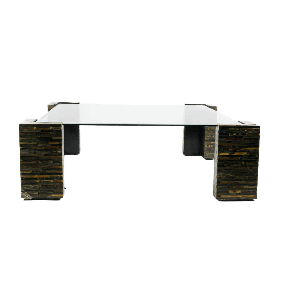 Mid-Century Modern Carved Horn Tile and Glass Top Coffee Table-2