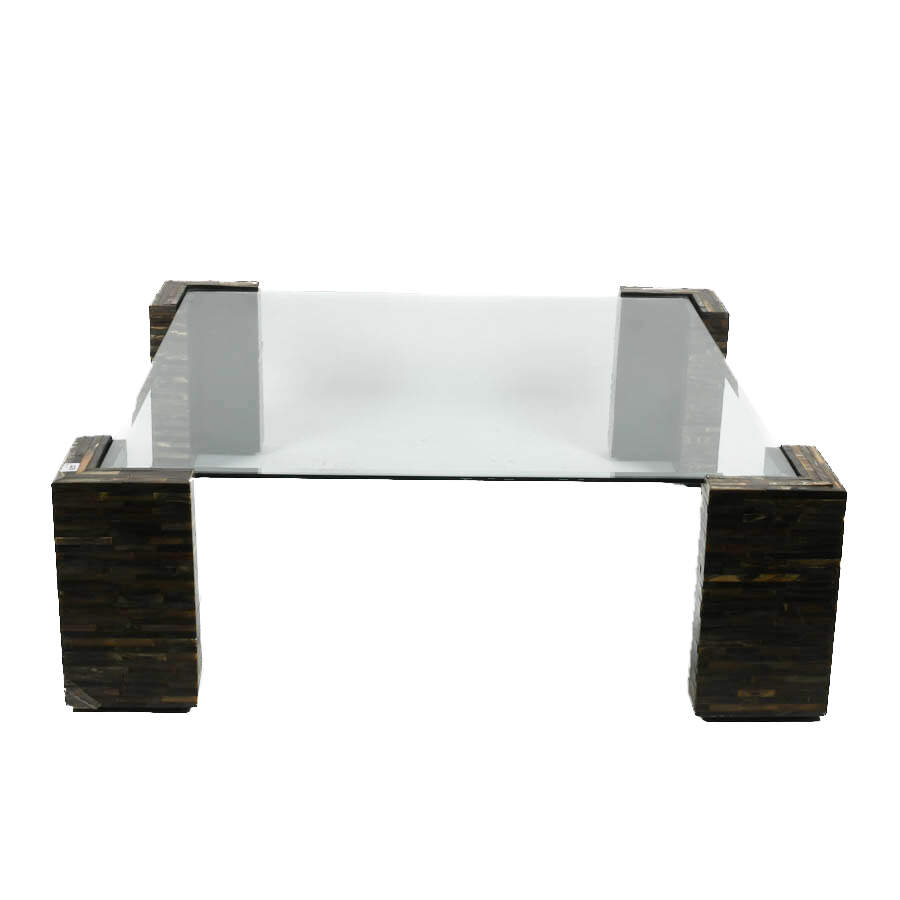 Mid-Century Modern Carved Horn Tile and Glass Top Coffee Table-1