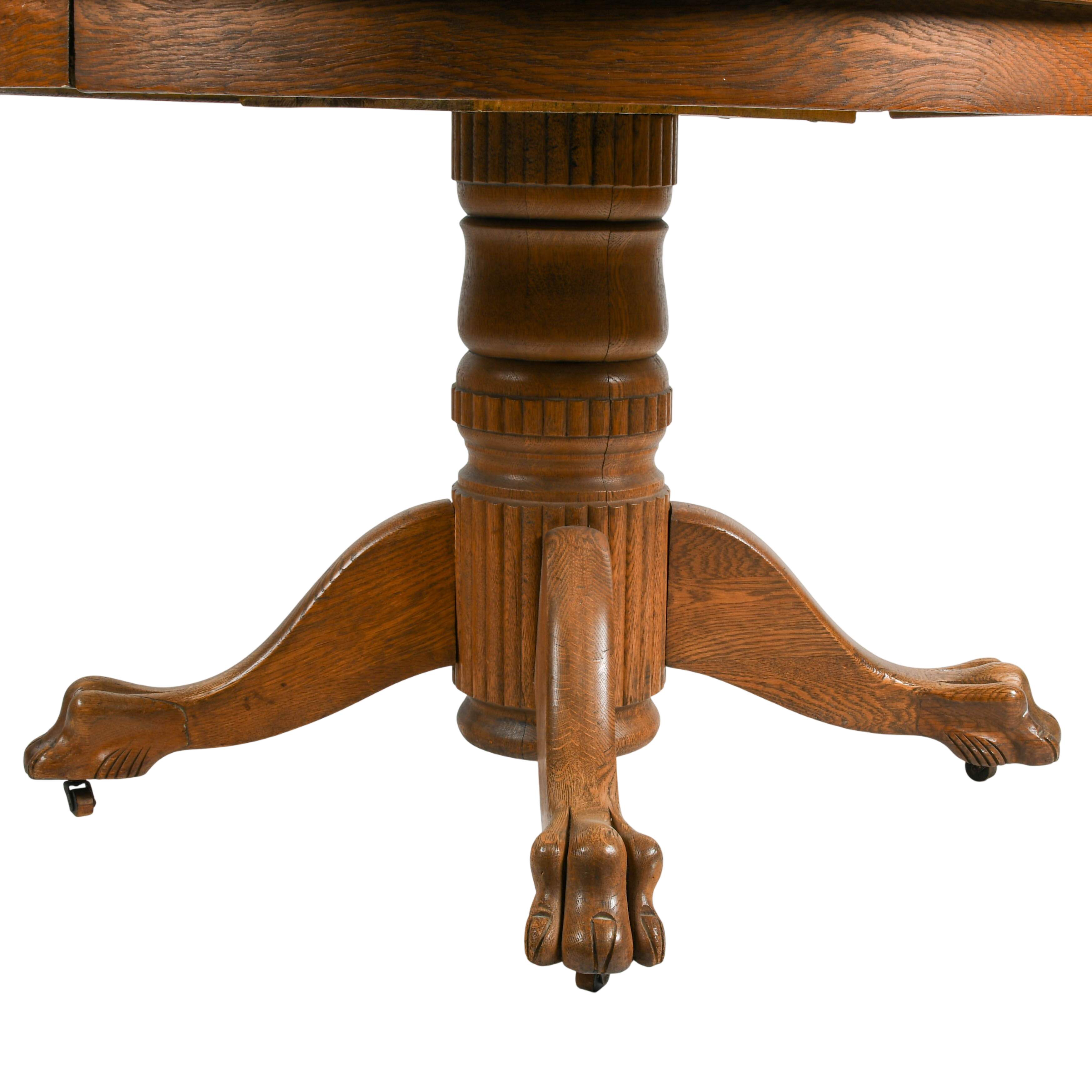 Antique Oak Pedestal Dining Room Table with Carved Lion's Paws-5