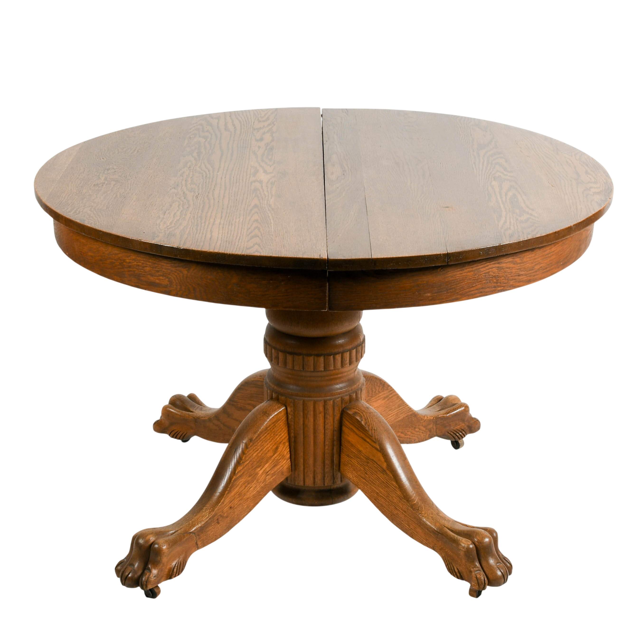 Antique Oak Pedestal Dining Room Table with Carved Lion's Paws-1