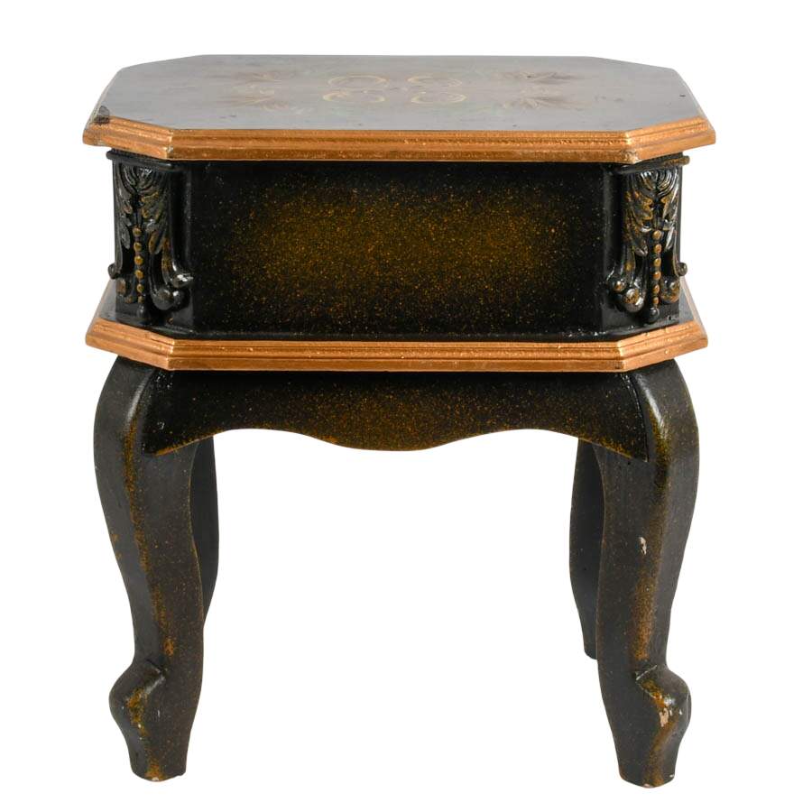 Black and Gold Tole-Painted Nightstand with Floral Top-6