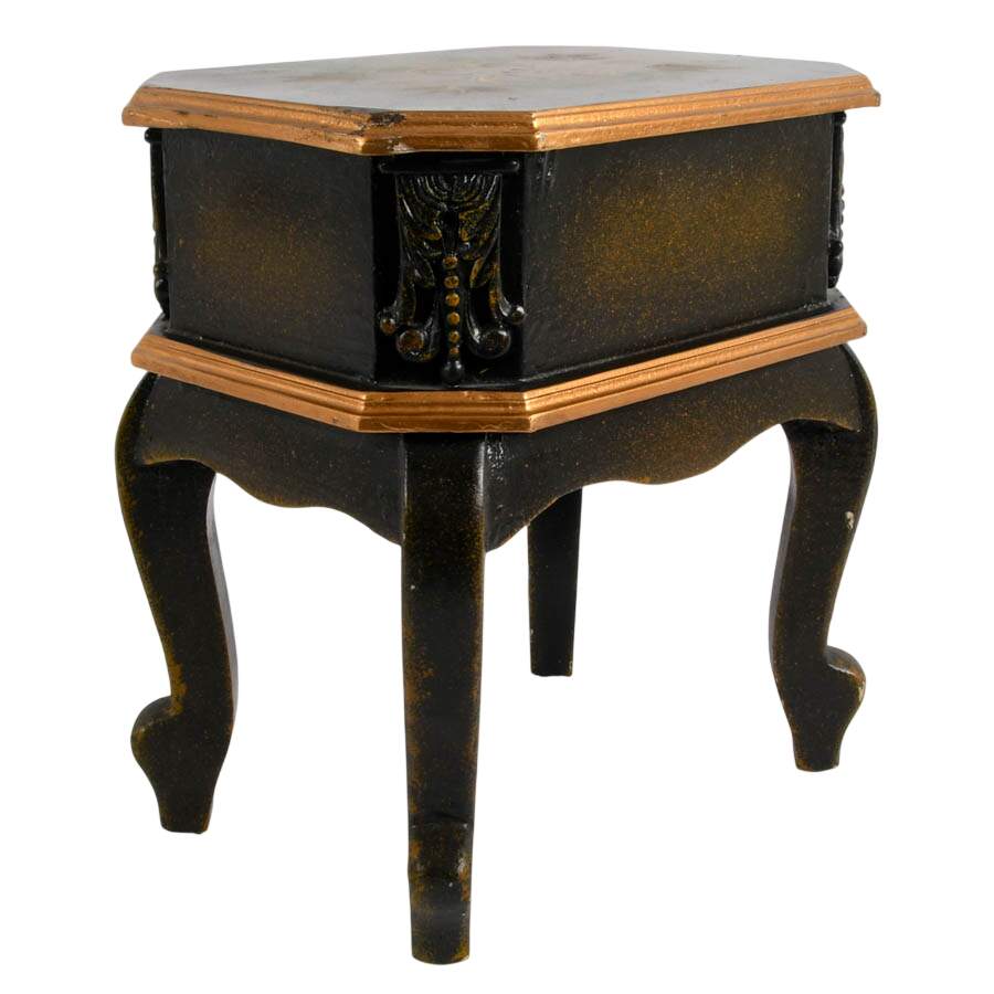 Black and Gold Tole-Painted Nightstand with Floral Top-5