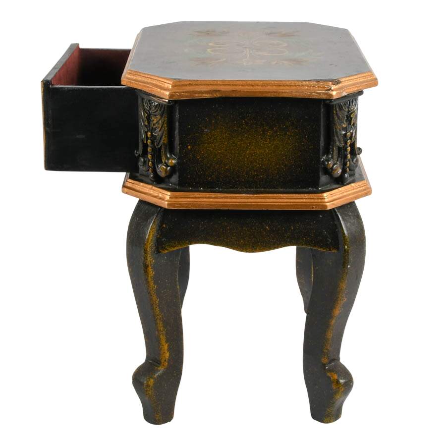 Black and Gold Tole-Painted Nightstand with Floral Top-4
