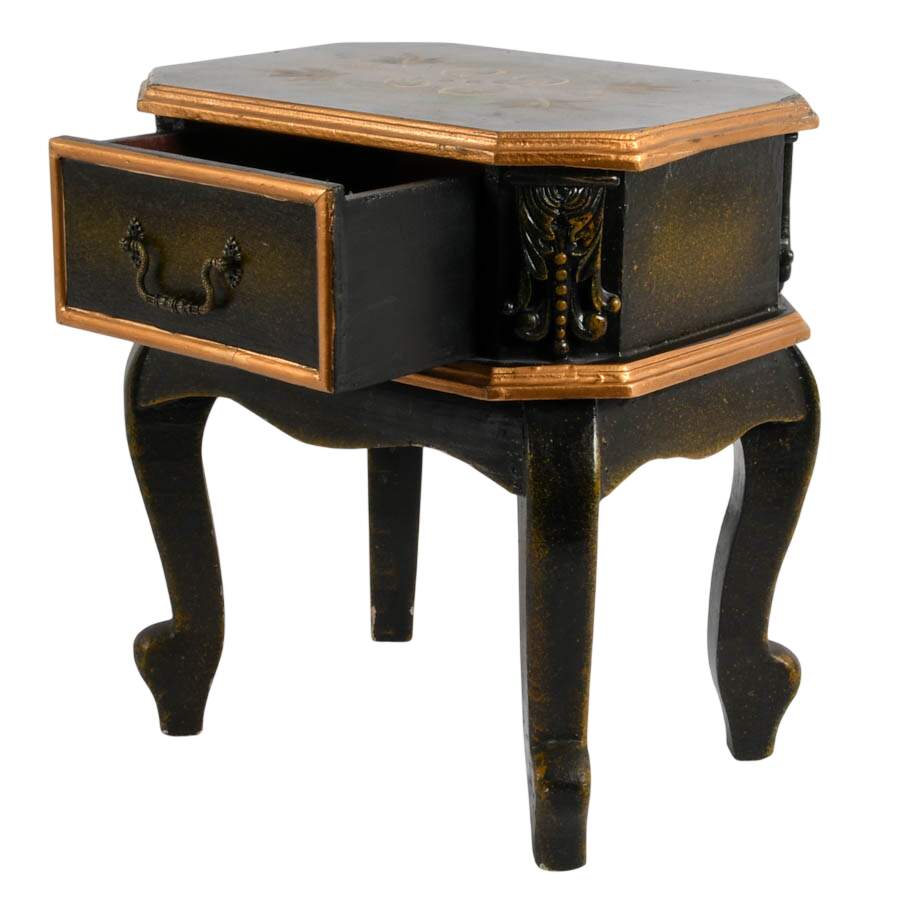 Black and Gold Tole-Painted Nightstand with Floral Top-3