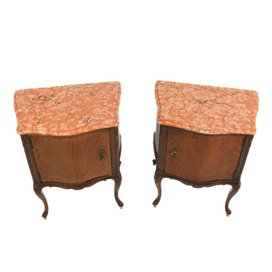 Antique Pair of French Walnut and Marble Top Nightstands-2