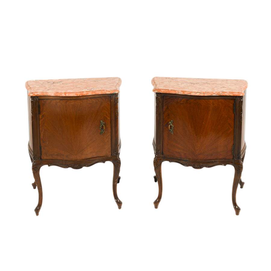 Antique Pair of French Walnut and Marble Top Nightstands-1