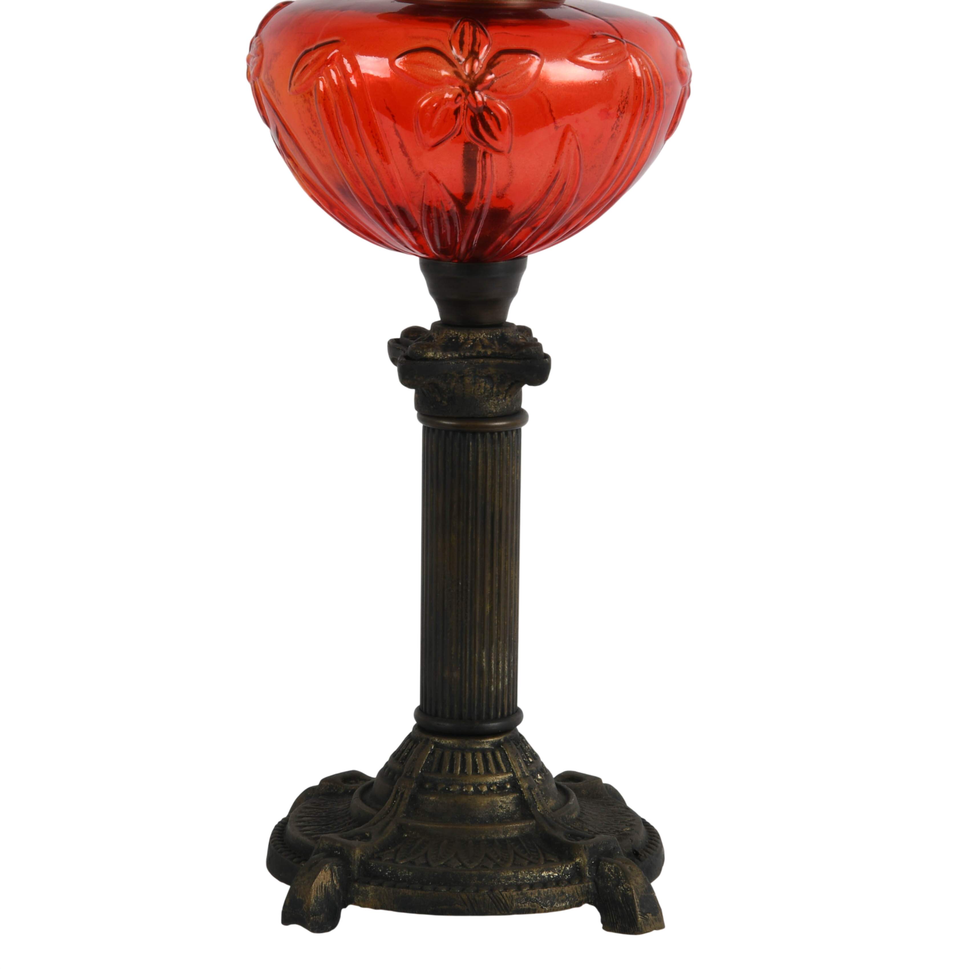Antique Floral Ruby Glass Converted Oil Lamp-4