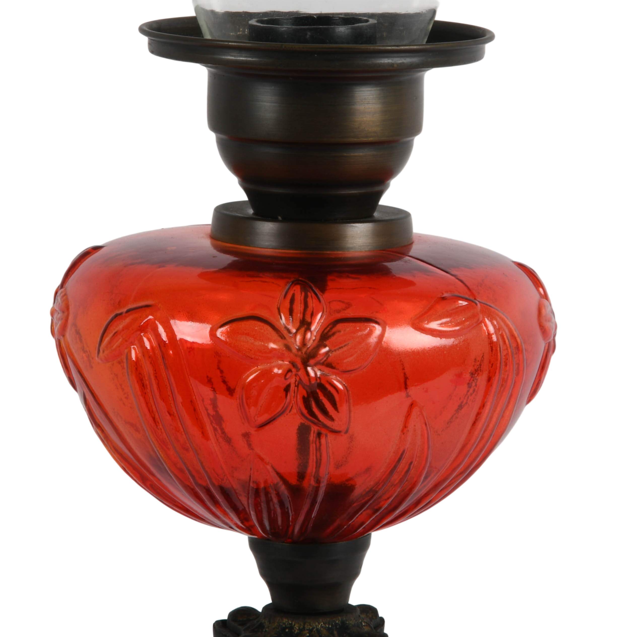 Antique Floral Ruby Glass Converted Oil Lamp-3