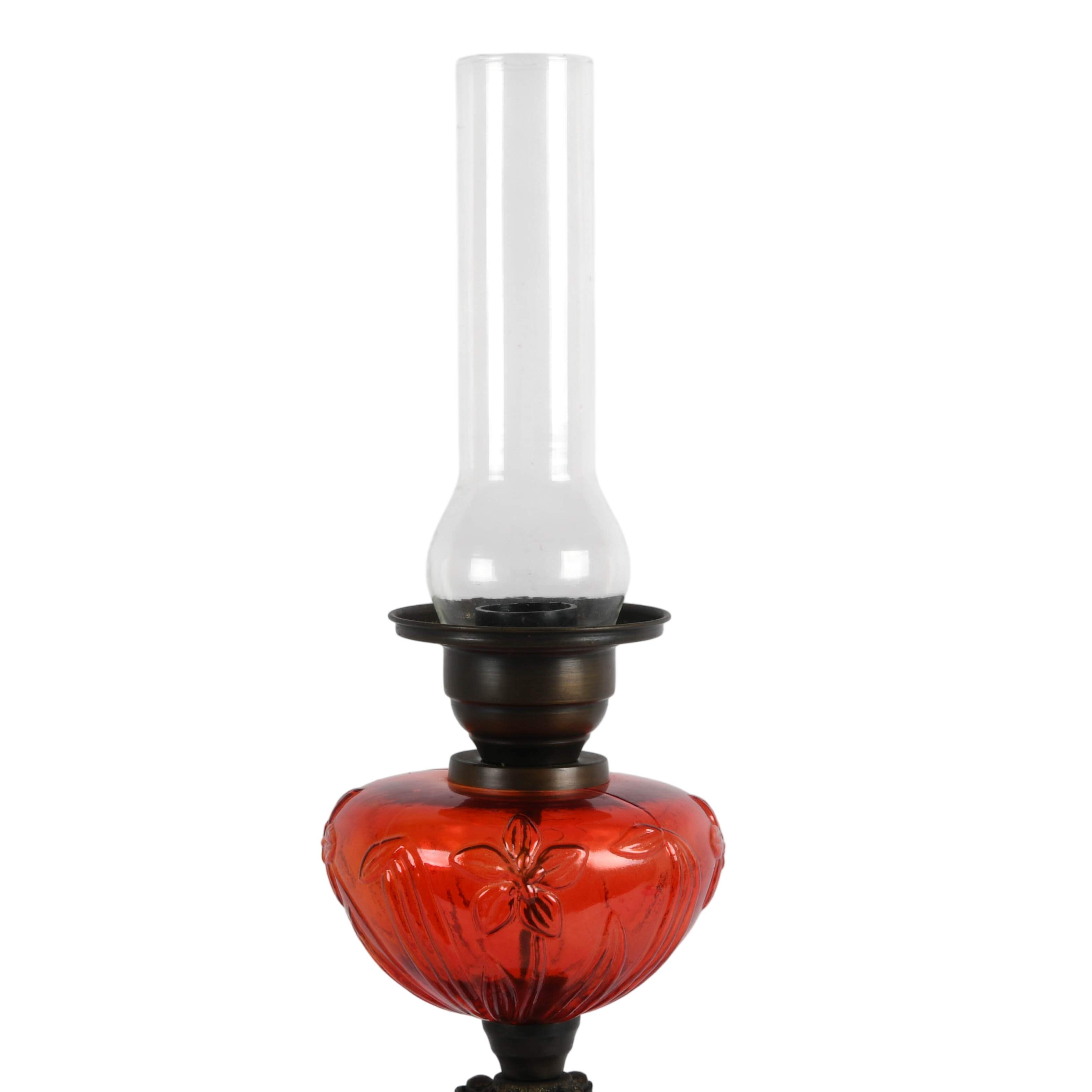 Antique Floral Ruby Glass Converted Oil Lamp-2