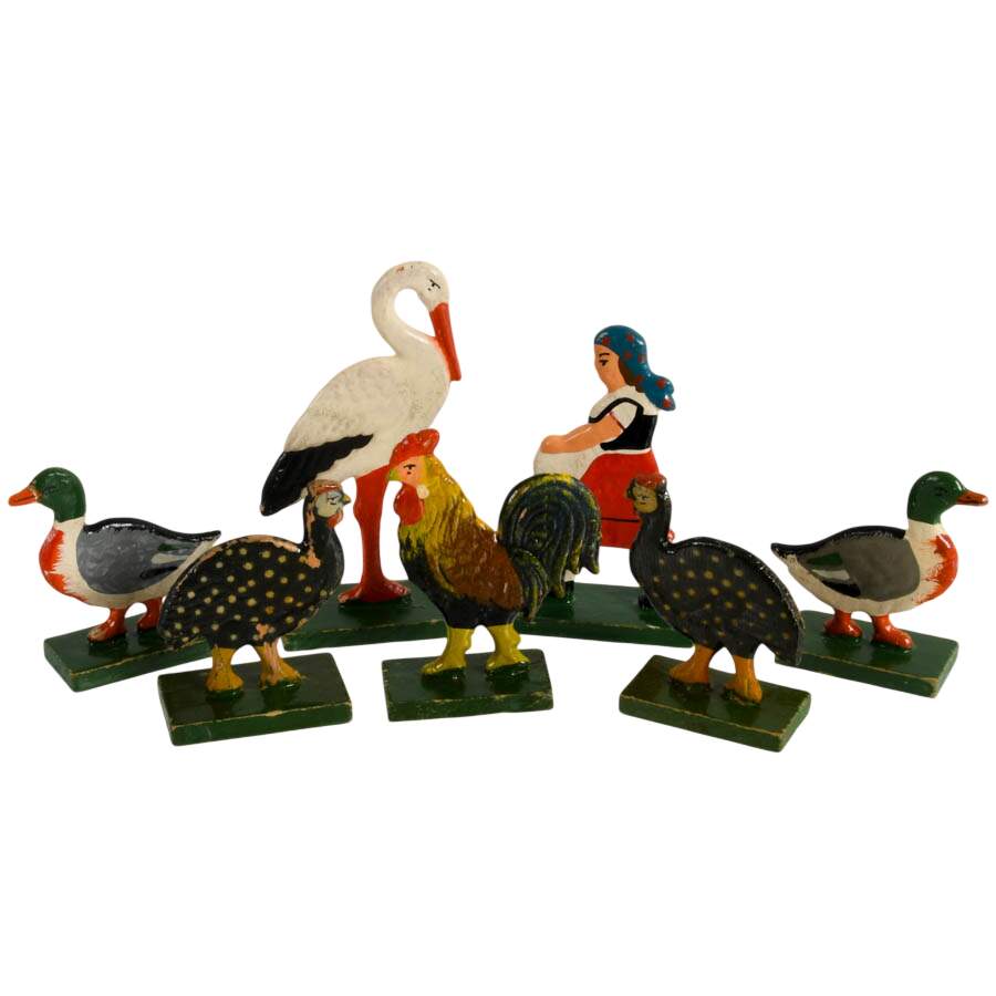 Sixteen Piece Set of German Erzgebirge Wooden Avian Farm Figures-3