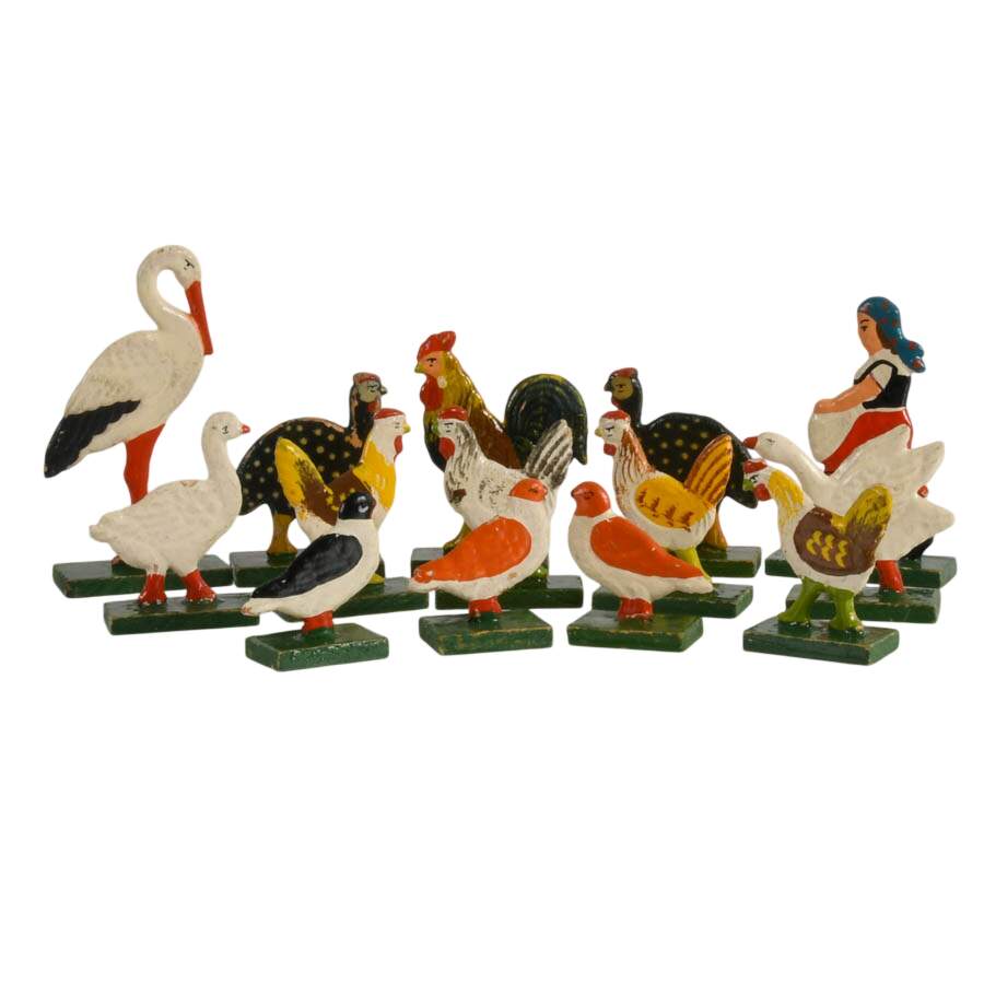Sixteen Piece Set of German Erzgebirge Wooden Avian Farm Figures-2
