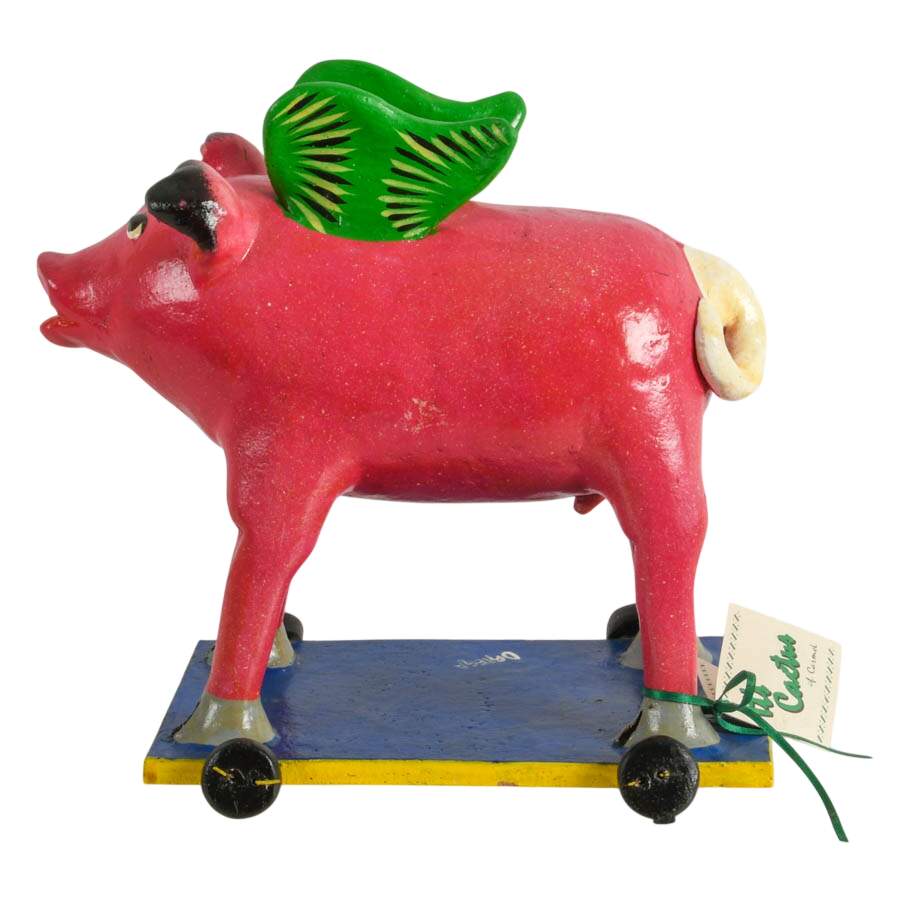 Vintage Mexican Tonala Pig with Wings Coin Bank Signed Ortega-3