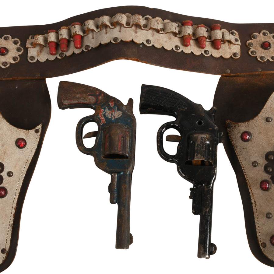 Mid-Century Leather Double Toy Cap Gun Holster Set-5