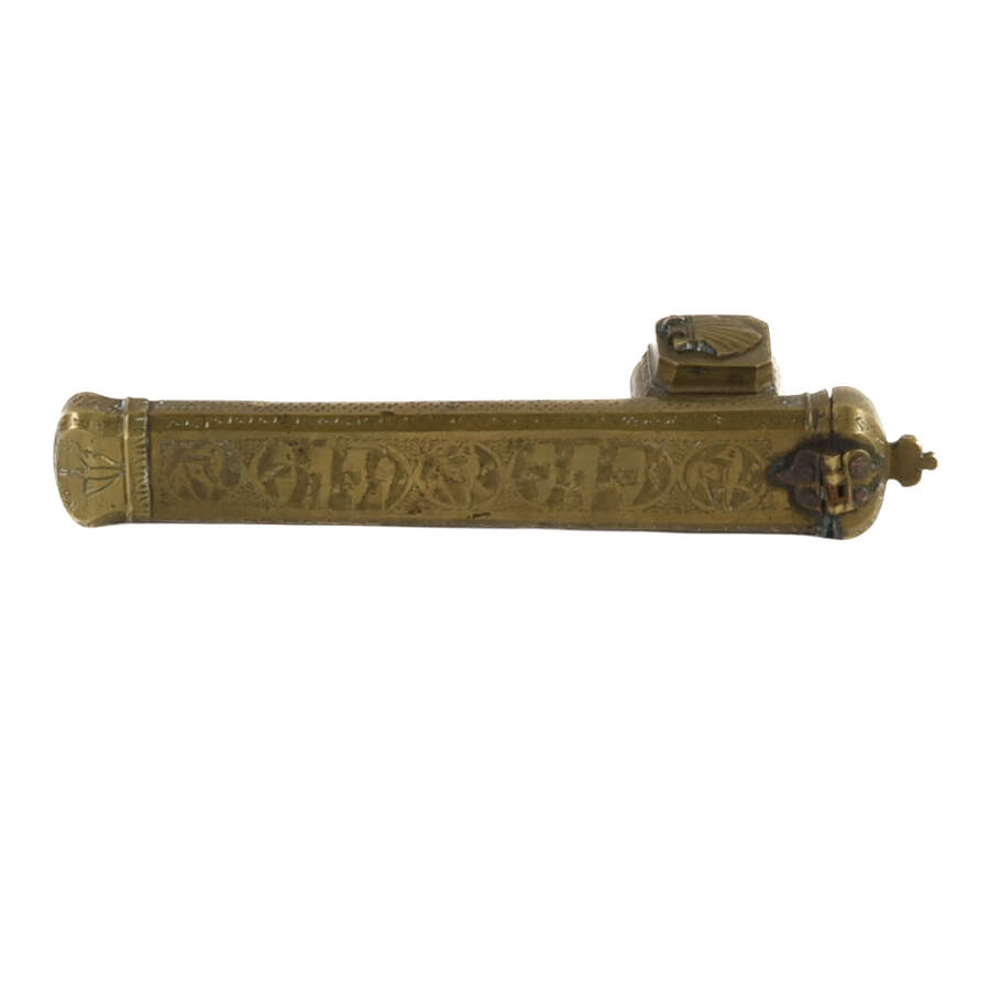 Antique Brass Qalamdan Traveler's Pen Case with Inkwell-3