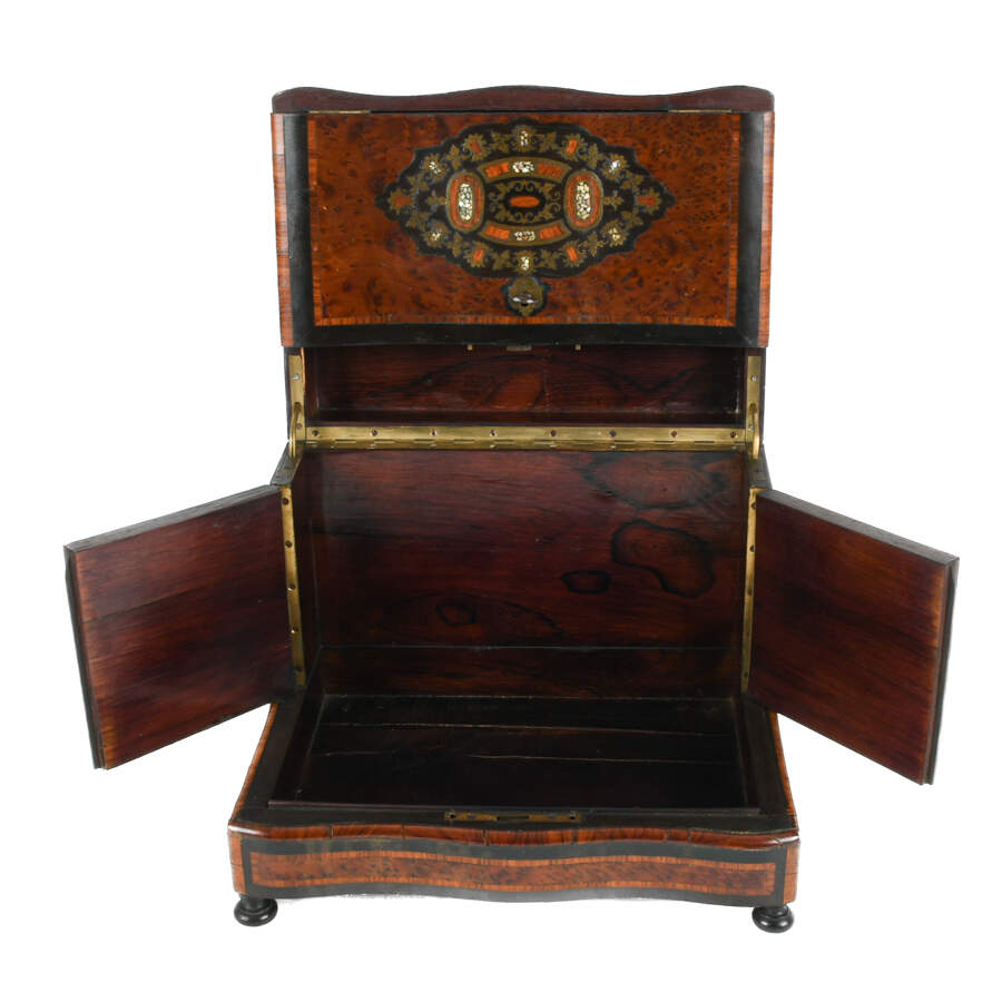 Antique French Liquor Tantalus Burlwood Medallion Inlay Bar Box Set-7