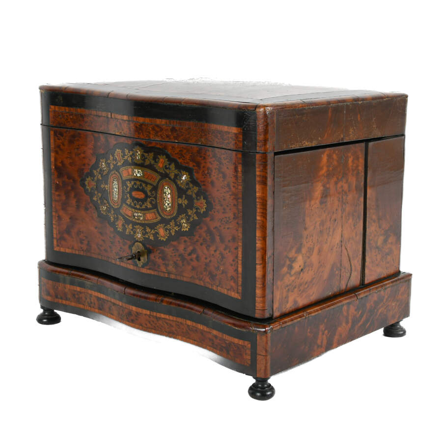 Antique French Liquor Tantalus Burlwood Medallion Inlay Bar Box Set-2