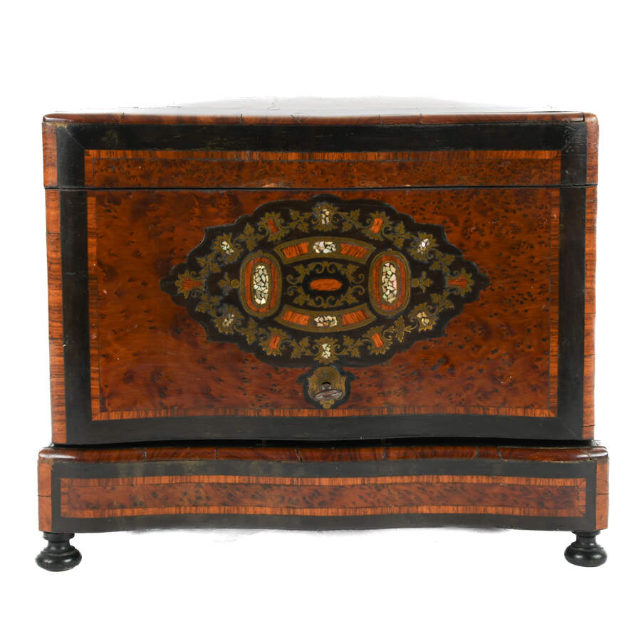 Antique French Liquor Tantalus Burlwood Medallion Inlay Bar Box Set-1