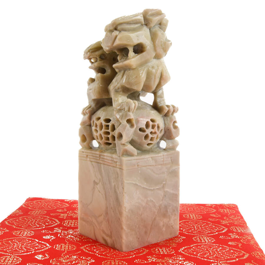 Group of Two Chinese Imperial Lions Soapstone Seals with Original Boxes-4