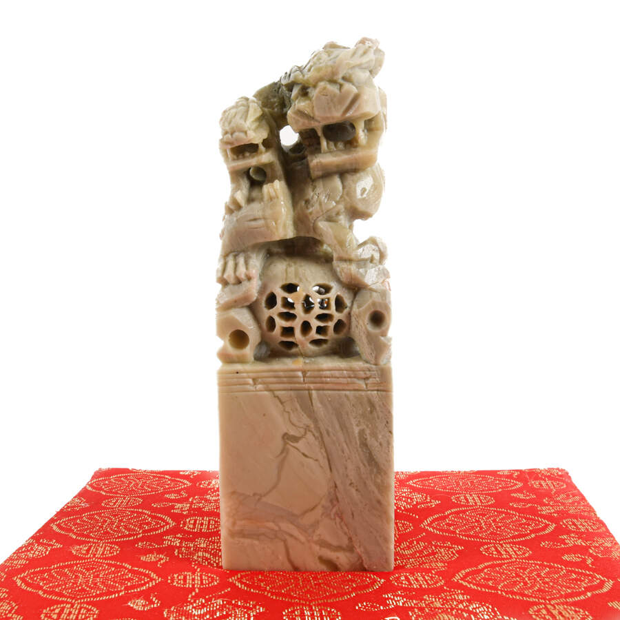 Group of Two Chinese Imperial Lions Soapstone Seals with Original Boxes-3