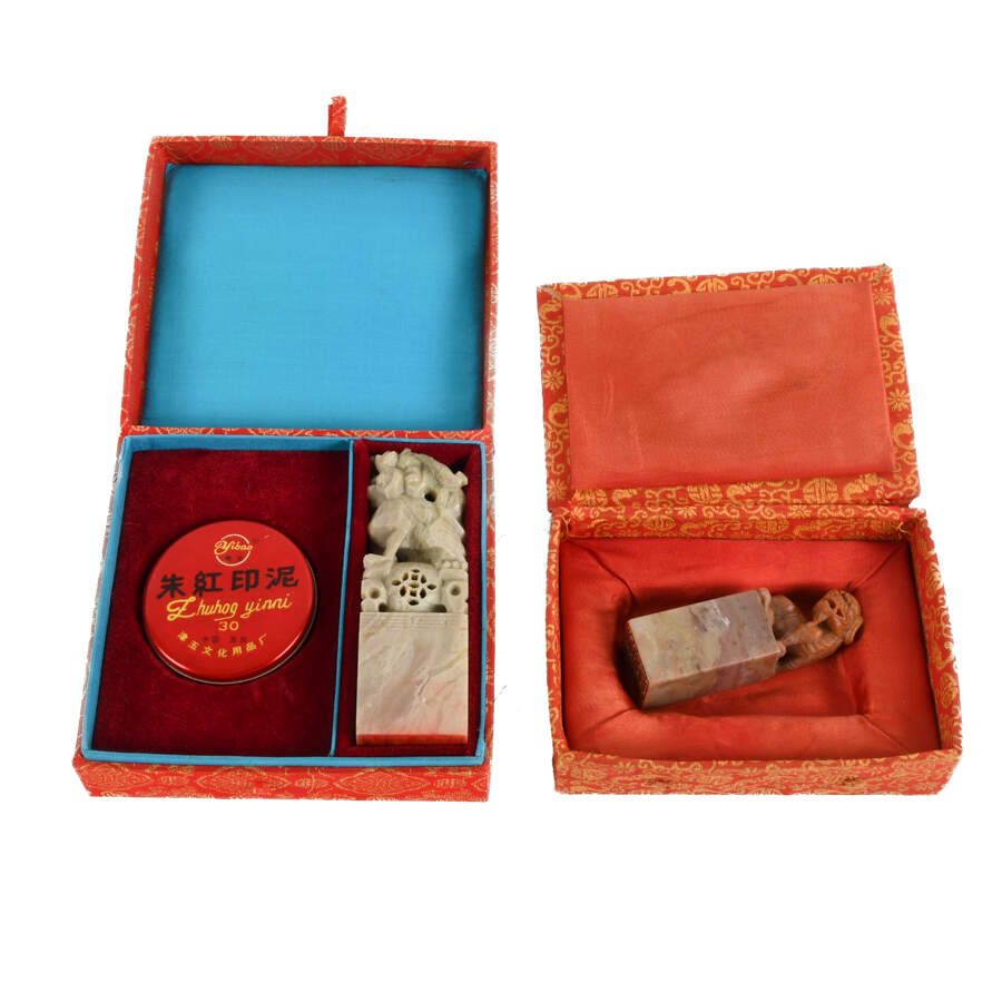 Group of Two Chinese Imperial Lions Soapstone Seals with Original Boxes-1
