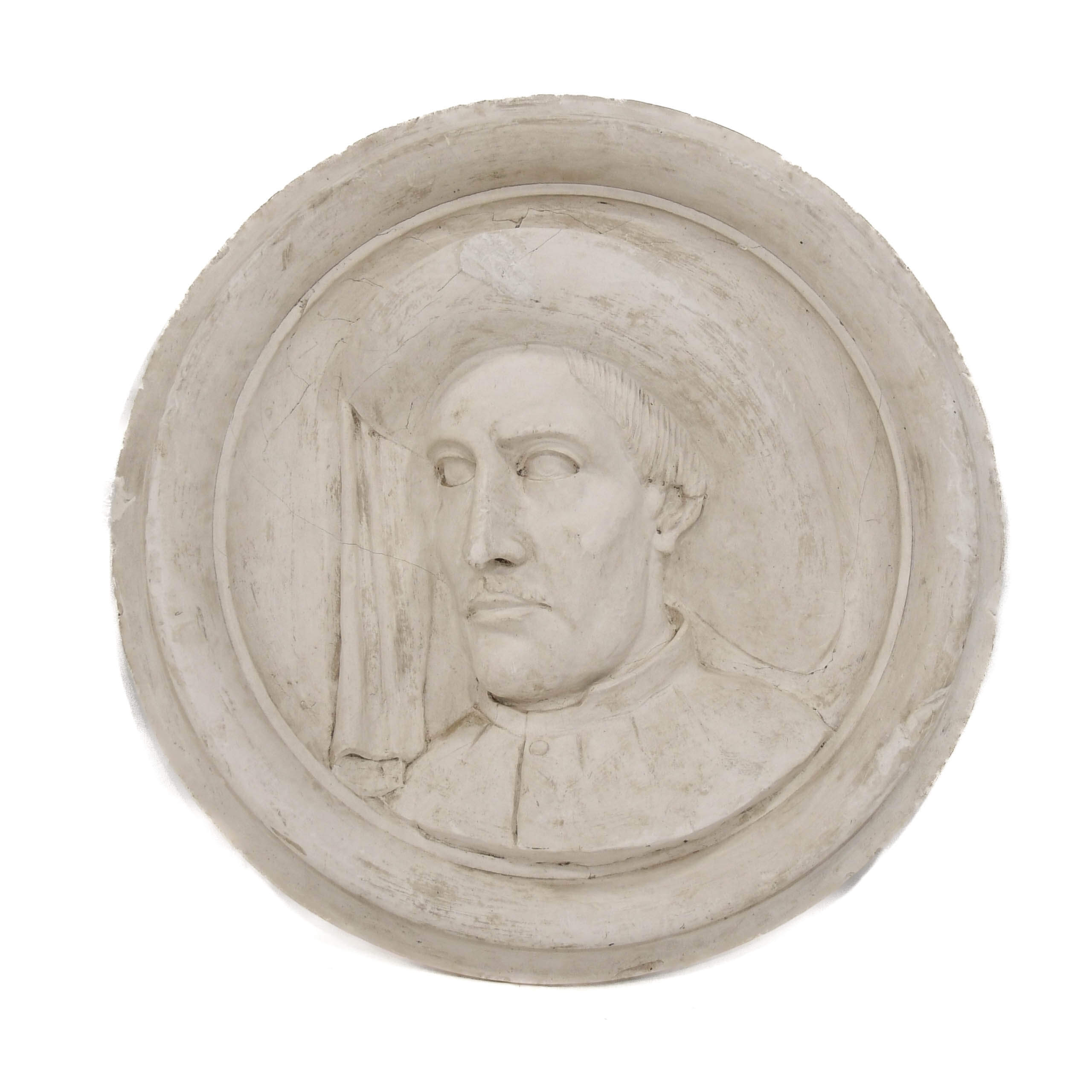 Antique Oversized Carved Roundel Plaster Relief of a Scholarly Man-1