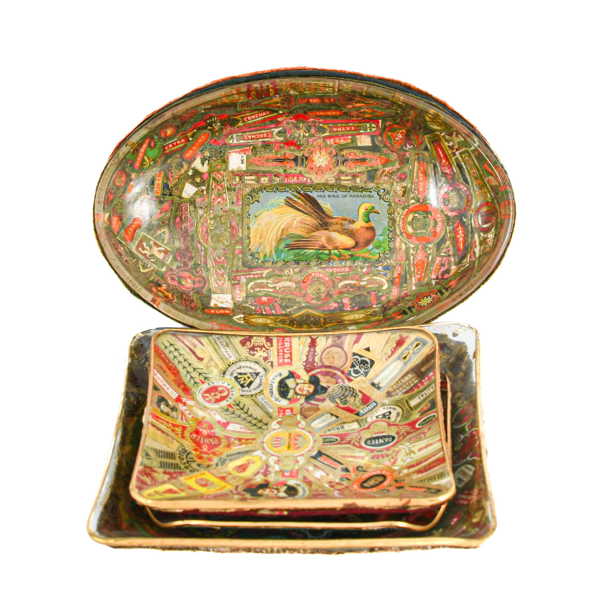 Antique Assorted 39 Piece Lot of Cigar Band Tobacciana Decoupage Dishes-9