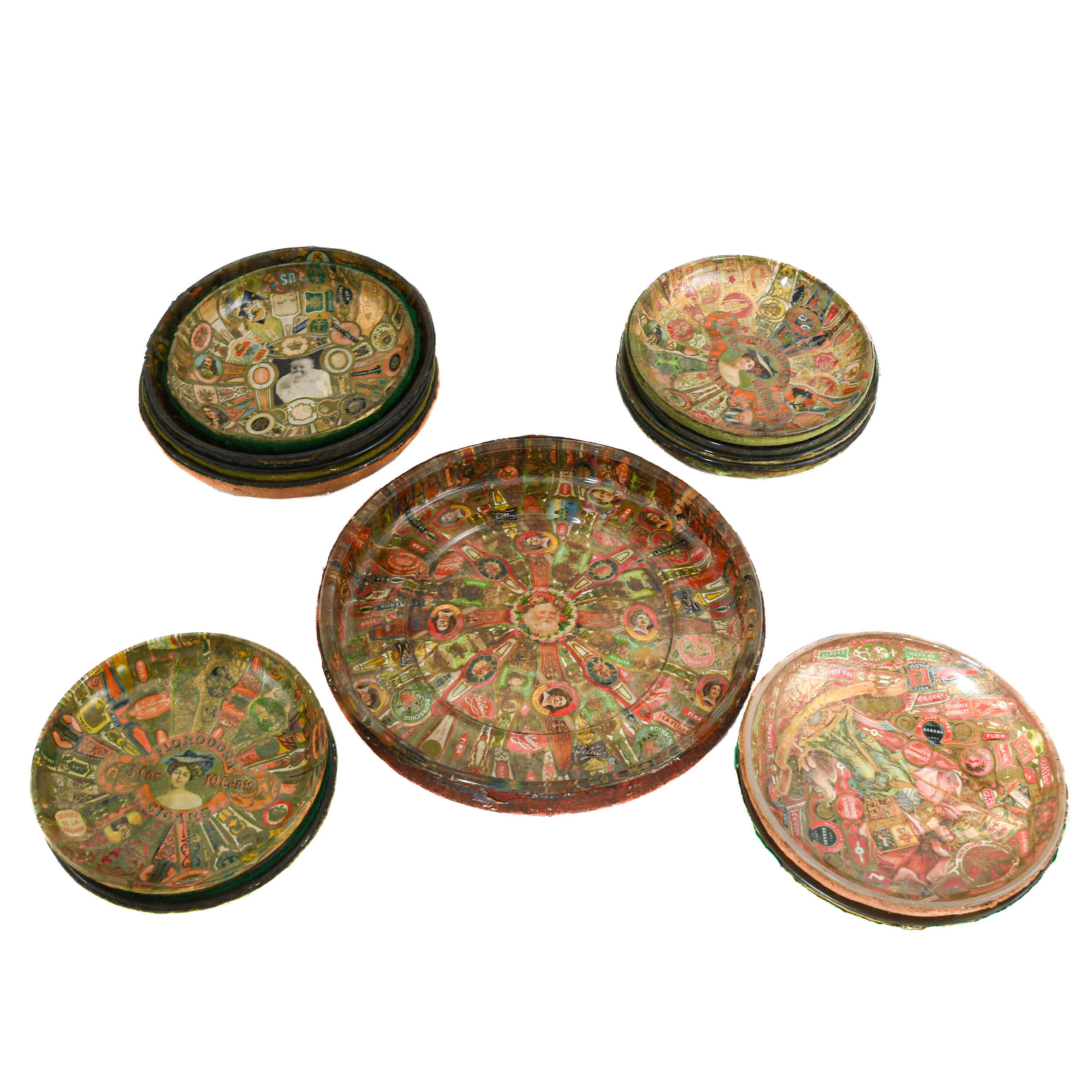 Antique Assorted 39 Piece Lot of Cigar Band Tobacciana Decoupage Dishes-6