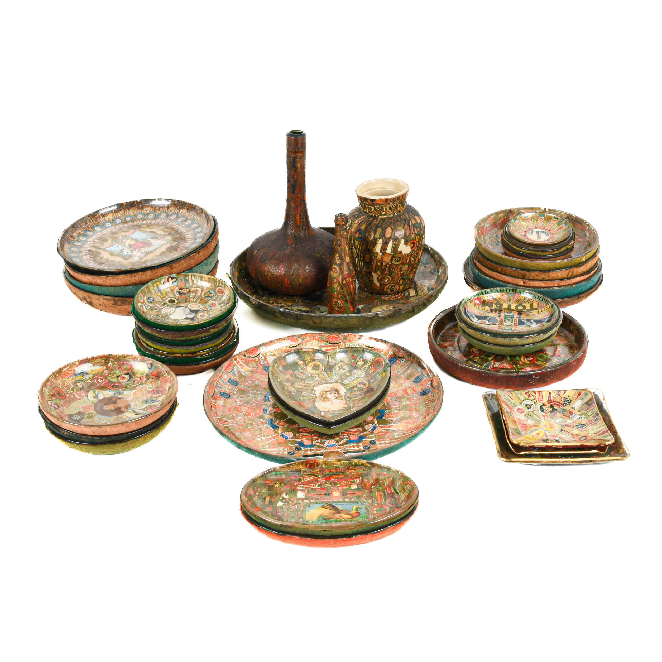Antique Assorted 39 Piece Lot of Cigar Band Tobacciana Decoupage Dishes-1