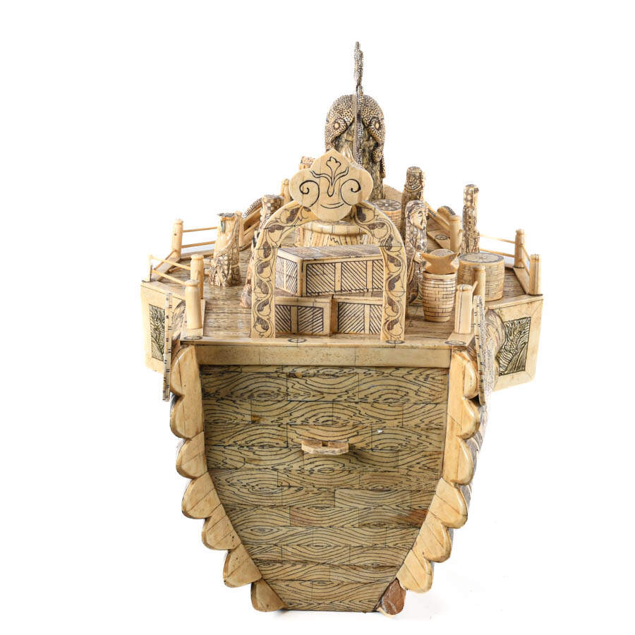 Large Bone Carved Chinese Junk Boat-8