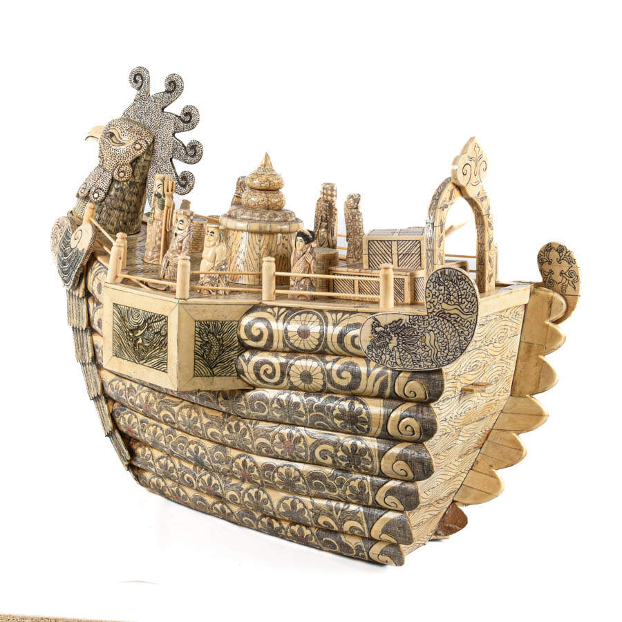 Large Bone Carved Chinese Junk Boat-7