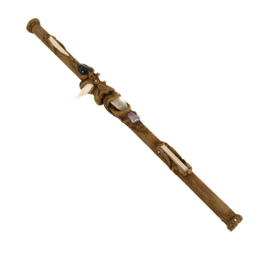 Figural Wood and Inlaid Stone Good Fortune Teeth Rain Stick-5